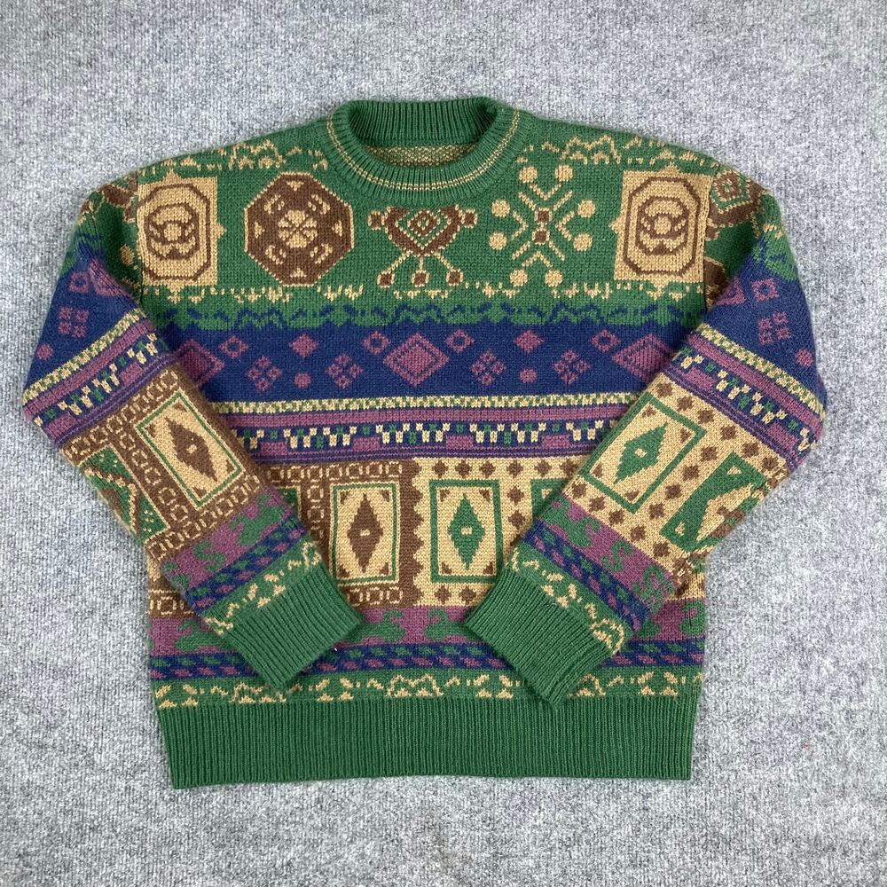 ROMWE Sweater‎ Womens Small Green Multicolor Aztec Print Knit Crewneck